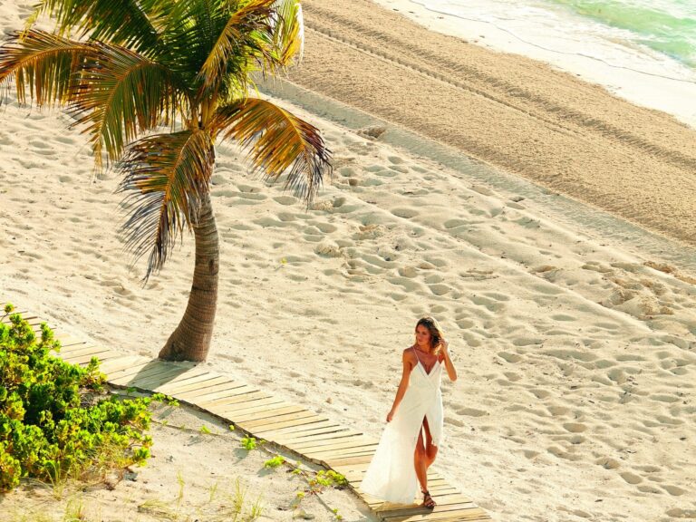 Long Bay Beach, palm tree and beachfront walkway at The Shore Club Turks and Caicos