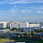 Dockside Inn and Suites resort complex at Universal Orlando Resort under a blue Florida sky