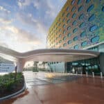 Modern entrance and colorful exterior facade at Universal Terra Luna Resort at Universal Orlando