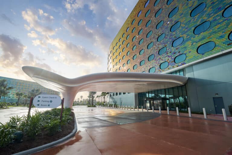 Modern entrance and colorful exterior facade at Universal Terra Luna Resort at Universal Orlando