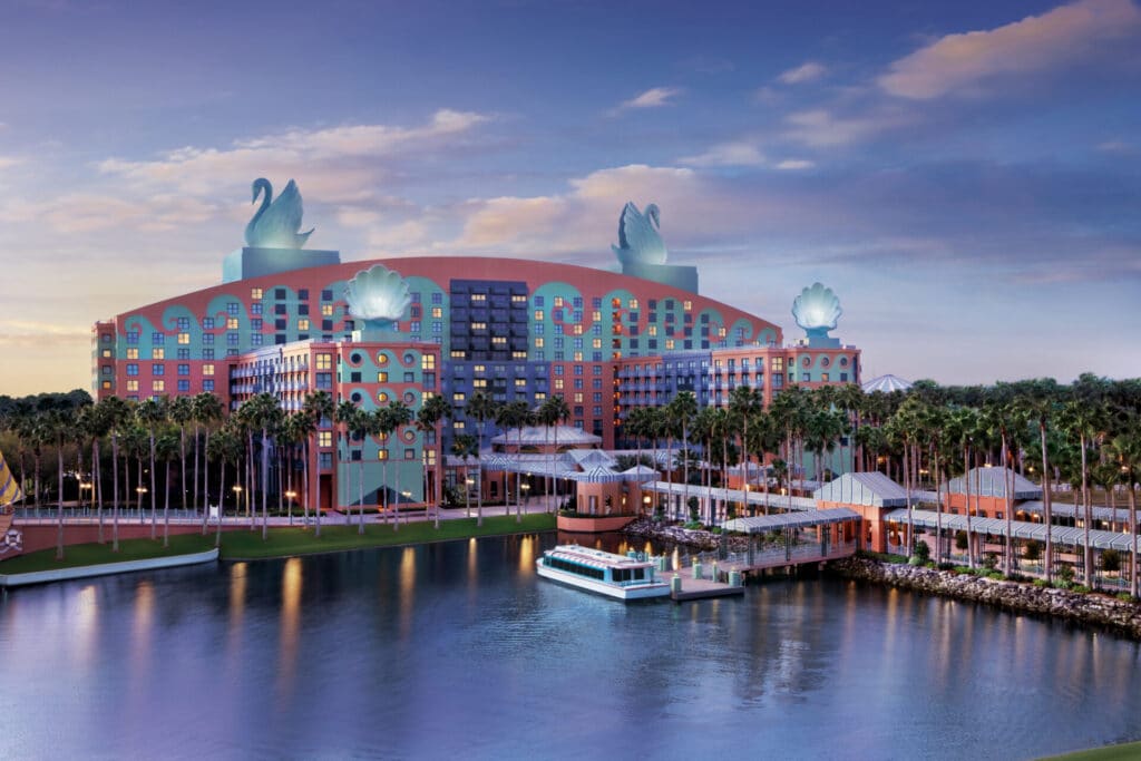 Walt Disney World Dolphin hotel exterior beside the resort lagoon