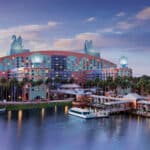 Walt Disney World Dolphin hotel exterior beside the resort lagoon