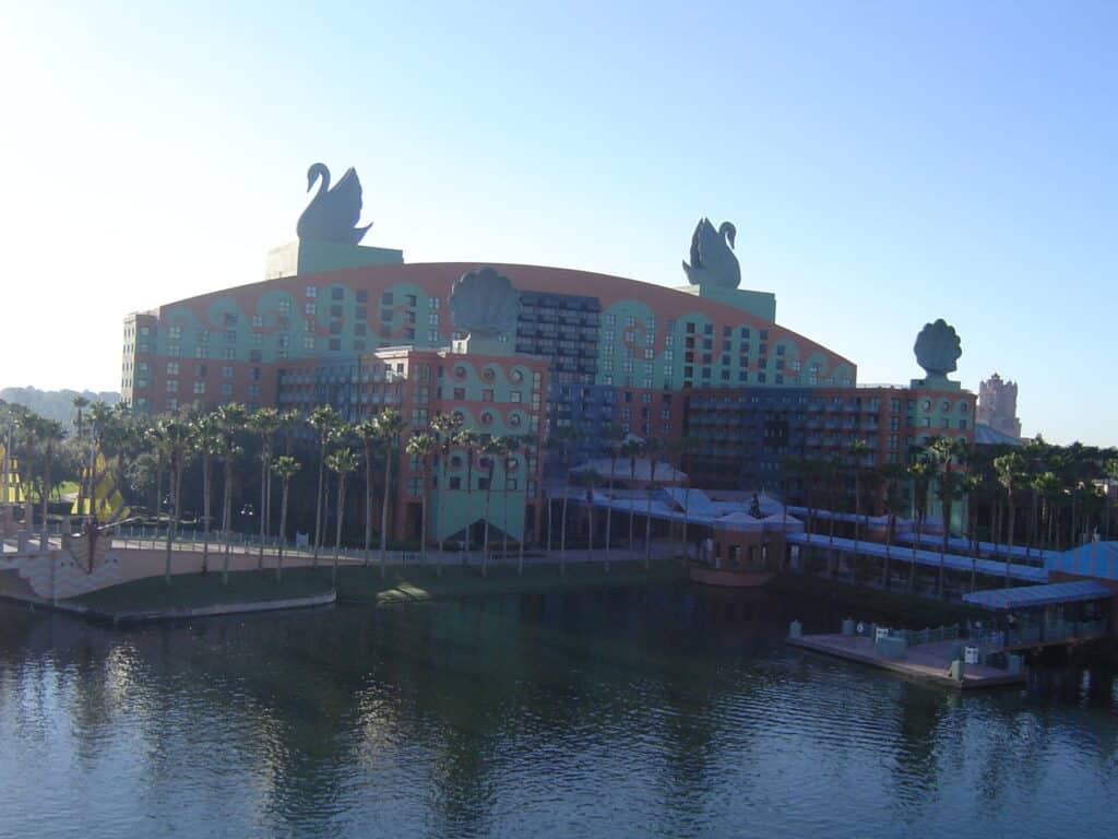 Walt Disney World Swan hotel exterior beside the resort lagoon