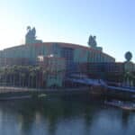 Walt Disney World Swan hotel exterior beside the resort lagoon