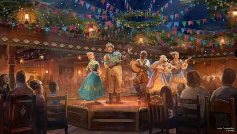 Artist rendering of Oaken’s Table Frozen dinner entertainment on Disney Believe