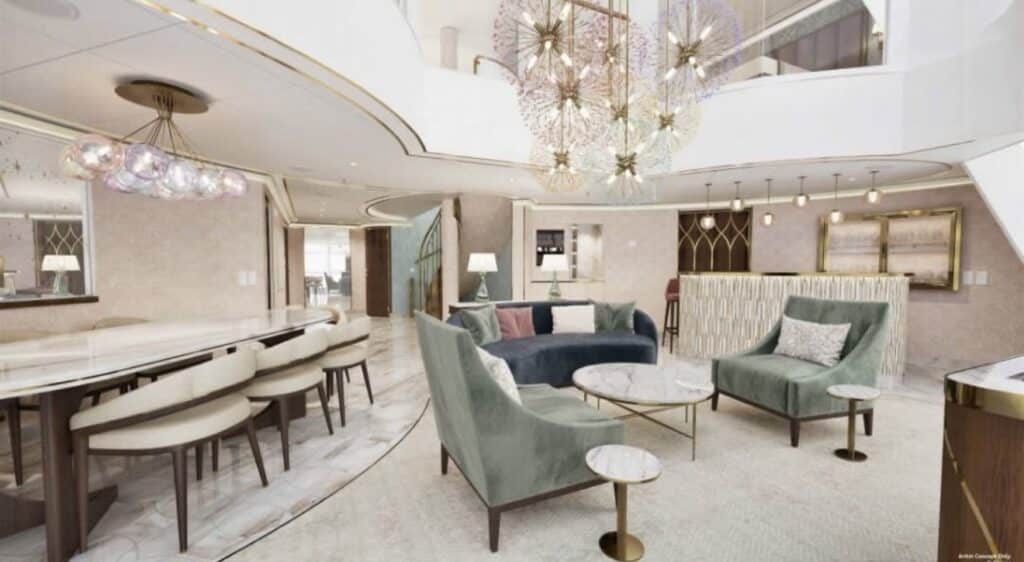 Artist concept of the Believe Tower Suite living room with fireworks-inspired lighting