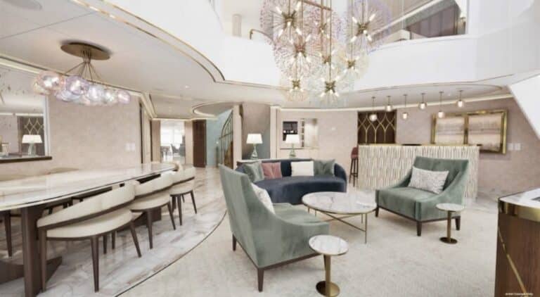 Artist concept of the Believe Tower Suite living room with fireworks-inspired lighting