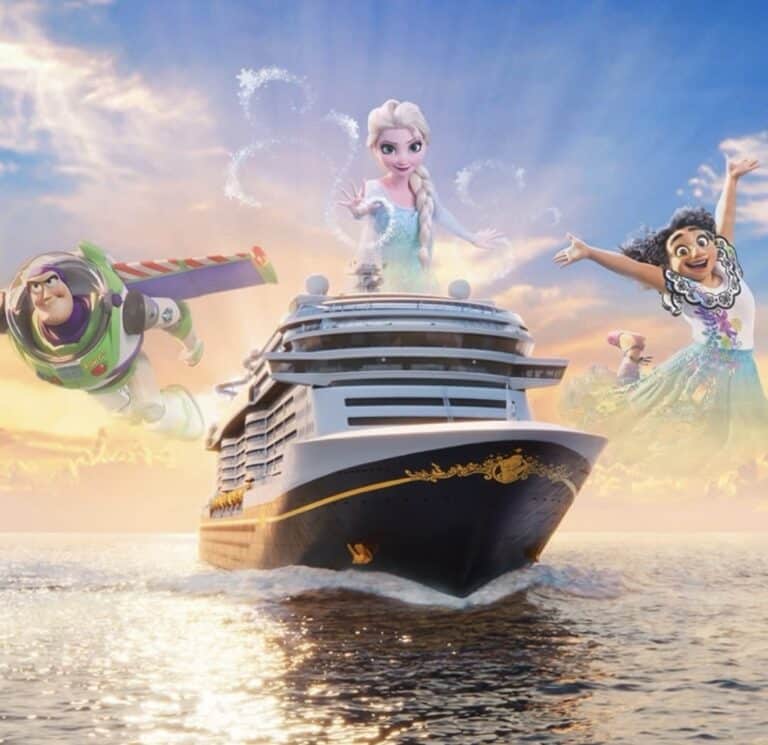 Disney Believe promotional artwork with Buzz Lightyear, Elsa and Mirabel above the ship